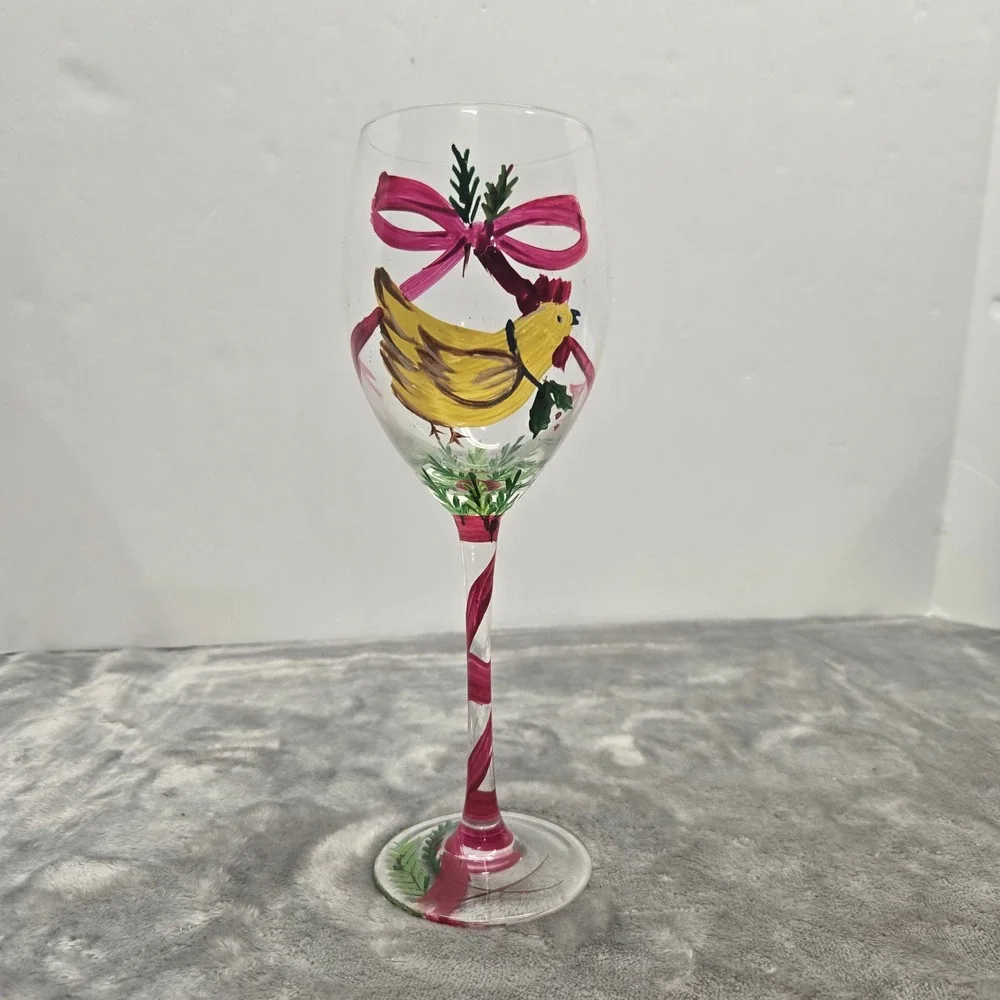 Hand Painted Wine Glass Yellow Chicken Hen Pink Bow Festive Holiday Stemware